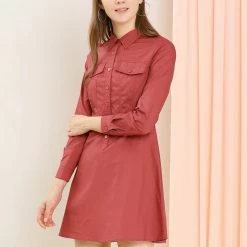 Allegra K Women's Cotton Dresses Casual Solid Long Sleeve Vintage Shirt Dress