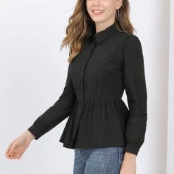 Allegra K Women's Puff Sleeve Cinched Waist Button Down Work Shirt