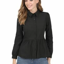 Allegra K Women's Puff Sleeve Cinched Waist Button Down Work Shirt