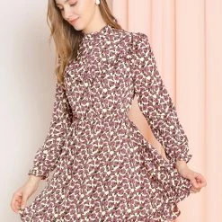 Allegra K Women's Ruffle Stand Collar Buttons Elastic Waist Floral Dress