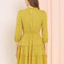 Allegra K Women's Ruffle Neck 3/4 Sleeve A-Line Vintage Floral Tiered Dress