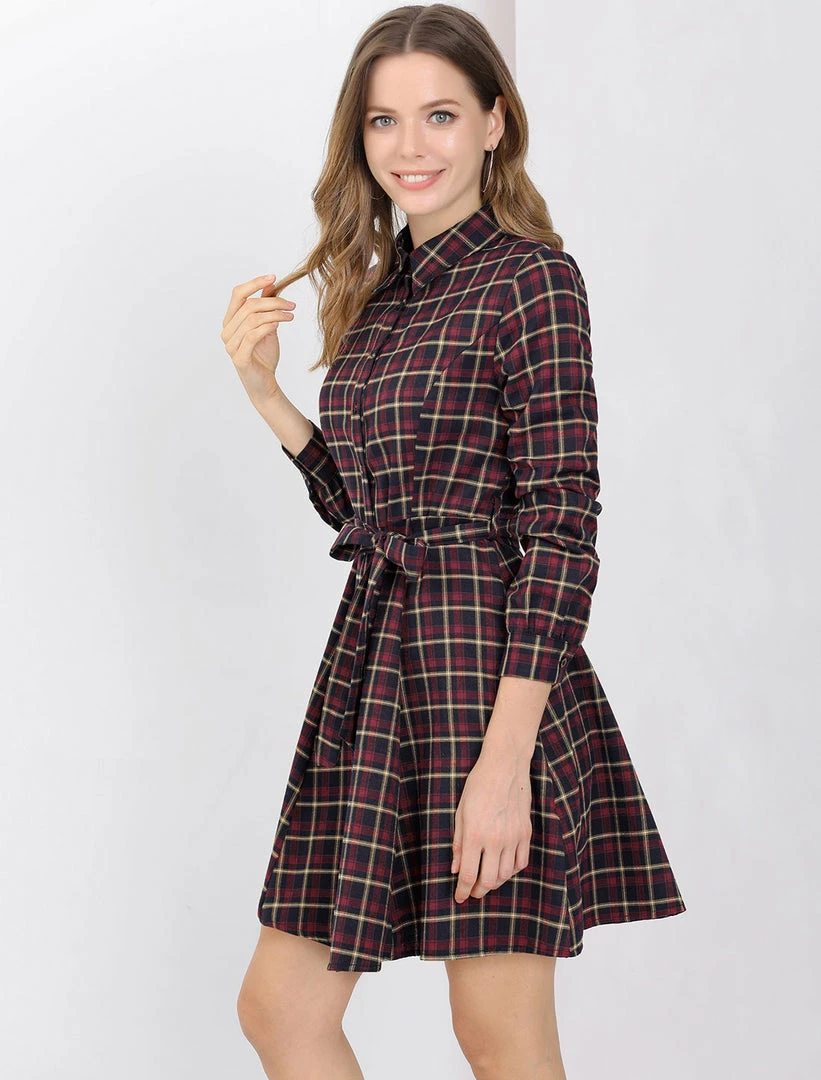 Allegra K Women's Plaid Lantern Sleeve Waist Belt Aline Dress 4 Allegra K Women's Plaid Lantern Sleeve Waist Belt Aline Dress