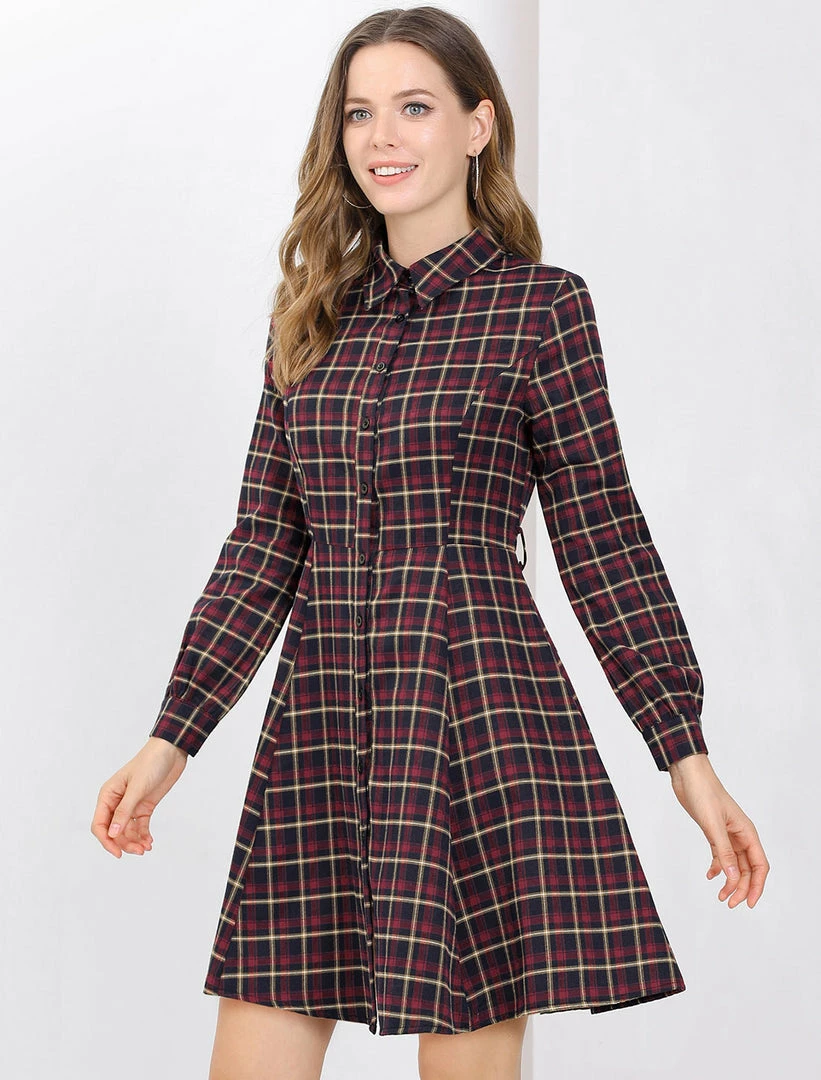 Allegra K Women's Plaid Lantern Sleeve Waist Belt Aline Dress 7 Allegra K Women's Plaid Lantern Sleeve Waist Belt Aline Dress