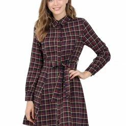 Allegra K Women's Plaid Lantern Sleeve Waist Belt Aline Dress