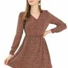 Allegra K Women's Floral V Neck Lace Trim Button Decor Prairie Dress
