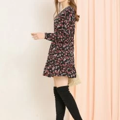 Allegra K Women's Smocked Waist Ruffle Hem V Neck Fit And Flare Mini Floral Dress