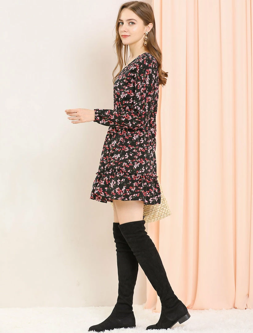 Allegra K Women's Smocked Waist Ruffle Hem V Neck Fit And Flare Mini Floral Dress 4 Allegra K Women's Smocked Waist Ruffle Hem V Neck Fit And Flare Mini Floral Dress