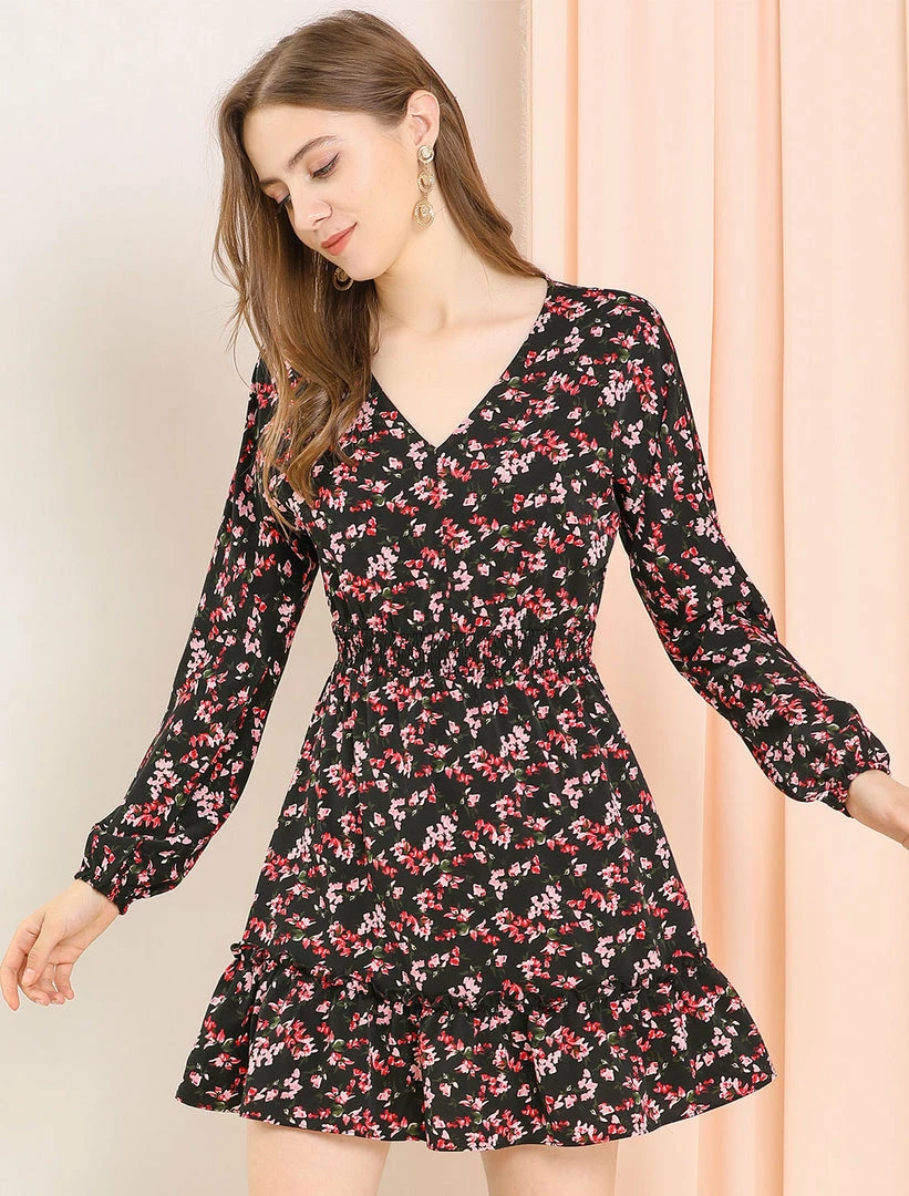 Allegra K Women's Smocked Waist Ruffle Hem V Neck Fit And Flare Mini Floral Dress 5 Allegra K Women's Smocked Waist Ruffle Hem V Neck Fit And Flare Mini Floral Dress