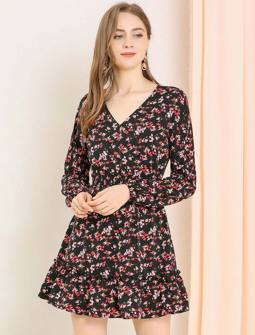 Allegra K Women's Smocked Waist Ruffle Hem V Neck Fit And Flare Mini Floral Dress 6 Allegra K Women's Smocked Waist Ruffle Hem V Neck Fit And Flare Mini Floral Dress