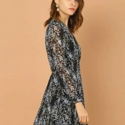 Allegra K Women's V Neck Dress Floral Chiffon Long Sleeve Spring Mini Dress