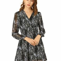 Allegra K Women's V Neck Dress Floral Chiffon Long Sleeve Spring Mini Dress