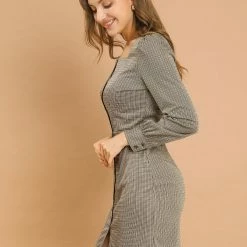 Allegra K Women's Vintage Square Neck Button Up Puff Long Sleeve Plaid Houndstooth Printed Dress