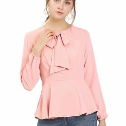 Allegra K Women's Casual Bow Tie Neck Keyhole Long Sleeve Top Peplum Blouse