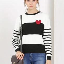 Allegra K Women's Striped Color Block Pullover Crewneck Casual Knitted Tops Sweater