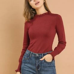 Allegra K Women's Bishop Sleeve Ruffled Collar Slim Fit Vintage Pullover Sweater