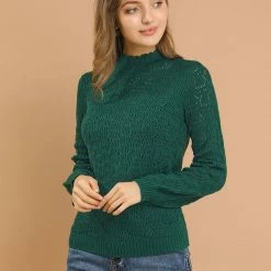 Allegra K Women's Ruffle Mock Neck Bishop Sleeve Knitted Ribbed Pullover Sweater 17 Allegra K Women's Ruffle Mock Neck Bishop Sleeve Knitted Ribbed Pullover Sweater