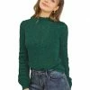 Allegra K Women's Ruffle Mock Neck Bishop Sleeve Knitted Ribbed Pullover Sweater