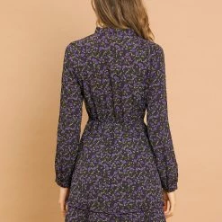 Allegra K Women's Casual Tie Neck Long Sleeve Elastic Waist Ruffle Hem Floral Dress