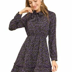 Allegra K Women's Casual Tie Neck Long Sleeve Elastic Waist Ruffle Hem Floral Dress