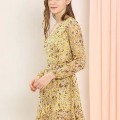 Allegra K Women's Floral V Neck Tie Waist Ruffled Hem Chiffon Long Sleeve Dress