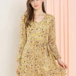 Allegra K Women's Floral V Neck Tie Waist Ruffled Hem Chiffon Long Sleeve Dress