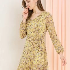 Allegra K Women's Floral V Neck Tie Waist Ruffled Hem Chiffon Long Sleeve Dress
