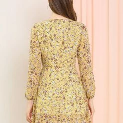 Allegra K Women's Floral V Neck Tie Waist Ruffled Hem Chiffon Long Sleeve Dress