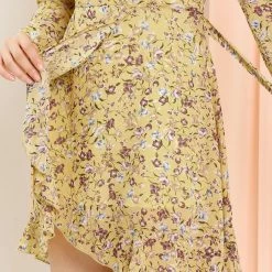 Allegra K Women's Floral V Neck Tie Waist Ruffled Hem Chiffon Long Sleeve Dress