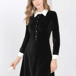 Allegra K Women's Contrast Color Half Placket Long Sleeve Fit And Flare Dress