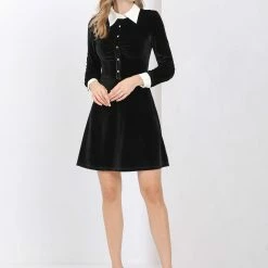 Allegra K Women's Contrast Color Half Placket Long Sleeve Fit And Flare Dress