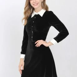 Allegra K Women's Contrast Color Half Placket Long Sleeve Fit And Flare Dress