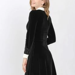 Allegra K Women's Contrast Color Half Placket Long Sleeve Fit And Flare Dress