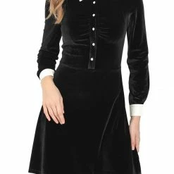 Allegra K Women's Contrast Color Half Placket Long Sleeve Fit And Flare Dress