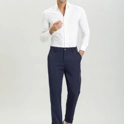 Allegra K Men's Dress Pants Slim Fit Vertical Stripes Flat Front Chino Pants Trousers
