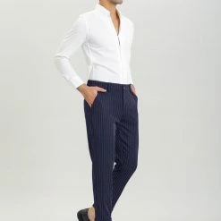 Allegra K Men's Dress Pants Slim Fit Vertical Stripes Flat Front Chino Pants Trousers
