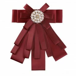 Allegra K Women's Pre-tied Pin Neck Tie Ribbon Bowknot Beads Party Bow Brooch