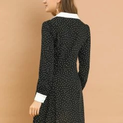 Allegra K Women's Polka Dots Peter Pan Contrast Collar Party Shirt Dress