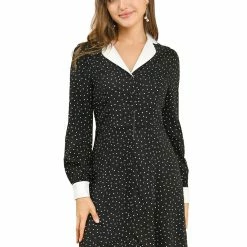 Allegra K Women's Polka Dots Peter Pan Contrast Collar Party Shirt Dress