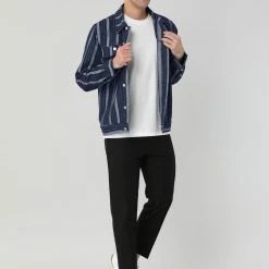 Allegra K Men's Striped Denim Jacket Button Down Jeans Trucker Jacket Outerwear