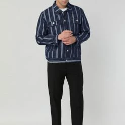 Allegra K Men's Striped Denim Jacket Button Down Jeans Trucker Jacket Outerwear