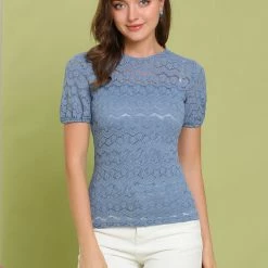 Allegra K Women's Elegant Semi Sheer Short Sleeve Embroidery Blouse Lace Top