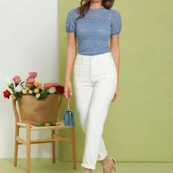 Allegra K Women's Elegant Semi Sheer Short Sleeve Embroidery Blouse Lace Top