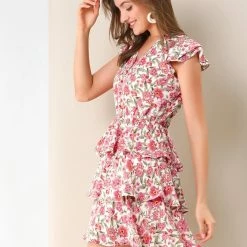 Allegra K Women's V Neck Layered Cap Sleeve Ruffle Valentine's Day Floral Mini Dress