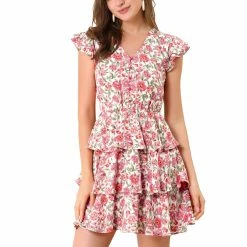 Allegra K Women's V Neck Layered Cap Sleeve Ruffle Valentine's Day Floral Mini Dress