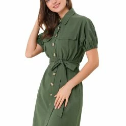 Allegra K Women's Safari Dress Collared Button Down Cotton Belted Shirtdress
