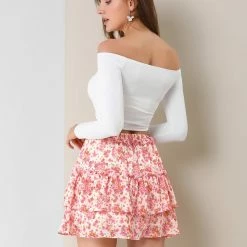 Allegra K Women's Layered Ruffle Hem Chiffon Elastic Waist A-Line Floral Mini Skirt