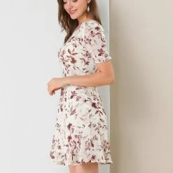 Allegra K Women's Floral Ruffle Hem V Neck A-Line Short Sleeve Chiffon Mini Dress