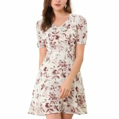 Allegra K Women's Floral Ruffle Hem V Neck A-Line Short Sleeve Chiffon Mini Dress