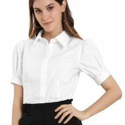 Allegra K Women's Puff Sleeve Collared Cotton Work Office Button Down Shirt