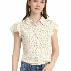 Allegra K Women's Floral Collar Casual Blouse Short Sleeve Button Up Tops